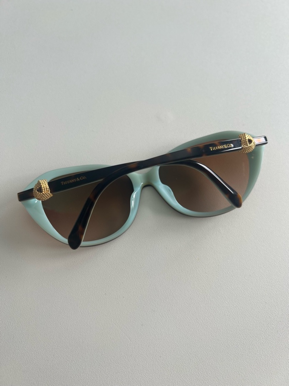 Tiffany & Co. Mint Green Cat-Eye Sunglasses with Tortoise Arms and Gold Accents